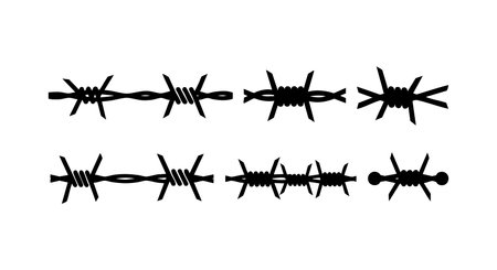 This vector illustration shows various barbed wire segments with sharp points and twisted strands in black silhouette style, symbolizing security and restriction, presented in a clear, minimalistic style. Protective mood.のイラスト素材