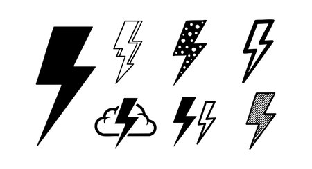Collection of diverse lightning bolt icons featuring solid, outline, dotted, striped, and cloud...