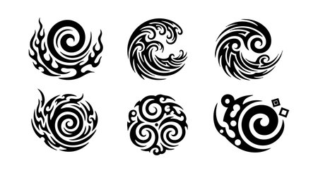 This vector set features six unique tribal swirl patterns in black, showing abstract flames and circular spirals. Perfect for creative and decorative design projects, elegant and bold.のイラスト素材