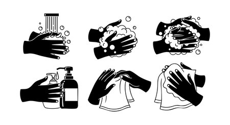 Vector shows step-by-step handwashing with soap and water including rinsing, scrubbing, drying hands for hygiene and cleanliness in black and white style. Informative and clear.のイラスト素材