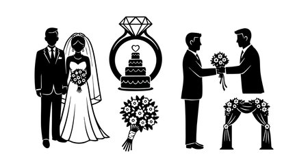 Silhouettes of bride and groom with wedding bouquet, diamond ring, cake, and floral arch in formal ceremony setting. Elegant and romantic vector design. Joyful mood.のイラスト素材