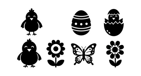 This vector features black silhouettes of Easter chicks, decorated eggs, butterfly, and flowers representing spring and holiday themes with a cheerful, festive mood.のイラスト素材