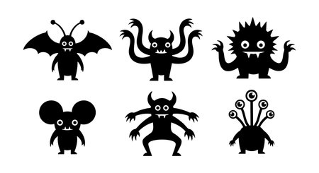 This vector image shows six cute black cartoon monster silhouettes with different shapes and multiple eyes. Each monster has unique features and playful poses. Fun and friendly mood.のイラスト素材