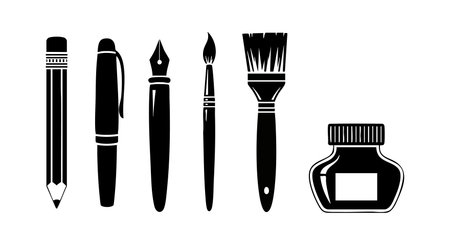 This vector image displays a set of black silhouette art tools including pencil, pen, fountain pen, paintbrush, and ink bottle, representing creativity and design in a clean style. Artistic mood.のイラスト素材