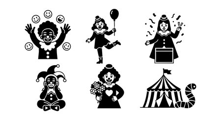 This vector set features vintage circus clowns juggling, dancing, meditating, and entertaining with balloons and flowers in playful poses, evoking a cheerful and whimsical mood.のイラスト素材