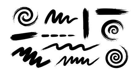 This vector features various black brush stroke shapes with an abstract, artistic style, perfect for creative projects and design work. The mood is dynamic.のイラスト素材