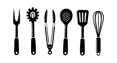 Vector illustration shows black silhouettes of essential kitchen utensils including fork, pasta server, tongs, skimmer, spatula, and whisk in a clear and simple style. Practical and minimalistic design.のイラスト素材