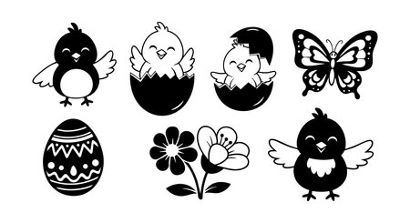 This vector features adorable Easter chicks emerging from eggs alongside a decorated egg, flowers, and a butterfly, creating a cheerful and festive spring atmosphere. Playful and joyful.のイラスト素材