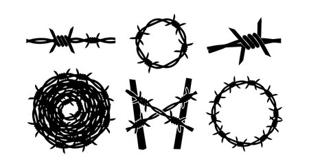 This vector image shows different styles of barbed wire shapes including circles and lines with sharp metal spikes. The design conveys security and restriction themes. Powerful mood.のイラスト素材