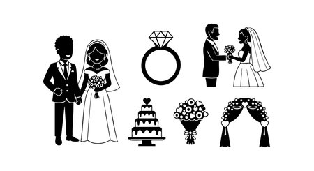Vector black silhouettes of wedding couple, bride and groom, ring, tiered cake, bouquet, and floral arch. Elegant marriage celebration symbols in simple style. Romantic mood.のイラスト素材