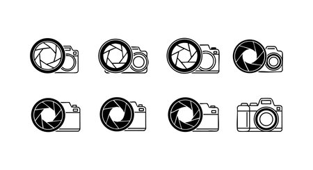 Vector set depicts camera icons with different shutter aperture states, illustrating the mechanics of camera lenses in simple black and white style, clear and minimalist design, functional and technical mood.のイラスト素材