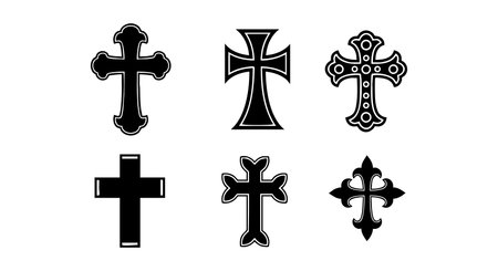 This vector file shows six black gothic cross icons featuring ornamental and classic styles used in religious and cultural designs, presented in sharp silhouette form, elegant and bold.のイラスト素材