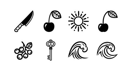 This vector file presents a collection of simple black line icons including knife, cherries, sun, berries, key, and ocean waves, perfect for design projects with a clean style. Calm and minimalistic.のイラスト素材