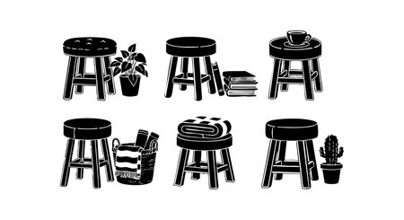 This vector set features rustic wooden stools paired with decorative plants and stacked books in black silhouette style, presenting a minimalist and natural aesthetic. Calm and simple mood.のイラスト素材