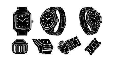Vector set features smartwatch and wristwatch illustrations including straps, dials, and parts, showing diverse styles for digital and analog timekeeping in black and white. Modern and sleek.のイラスト素材