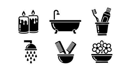 Vector set shows bathroom hygiene and self-care icons including candles, bathtub, toothbrush with paste, shower head, combs in bowl, and flower bowl. Clean and minimalist style. Calm mood.のイラスト素材