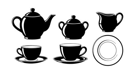 Classic black silhouette tea set includes teapot, sugar bowl, creamer, cups, and saucers in vector style. Simple, elegant design with clear shapes. Clean and minimal mood.のイラスト素材