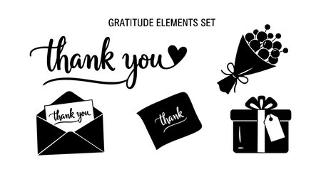 This vector illustration presents gratitude elements including thank you text, envelope, flowers bouquet, and gift box, all in black silhouette style for appreciation themes, elegant mood.のイラスト素材