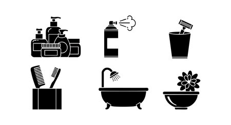 Vector set displays various bathroom hygiene essentials including shampoo, soap, spray bottle, comb, toothbrush, bathtub, and flower decoration in black silhouette style, simple and clear mood.のイラスト素材