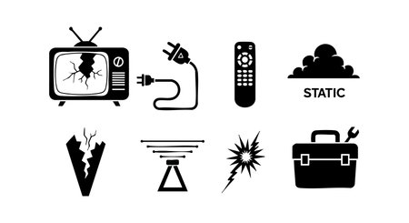 Vector illustration shows broken television, plug, remote control, static, and repair icons in black silhouette style, representing technology and media repair themes. Clear and simple design, professional mood.のイラスト素材