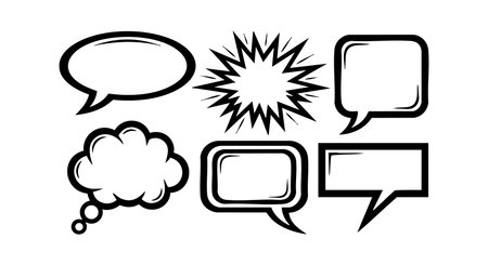 This vector file presents a variety of speech bubbles and thought balloons in black and white, ideal for communication, dialogue, and creative design projects. Simple and clear style, neutral mood.のイラスト素材