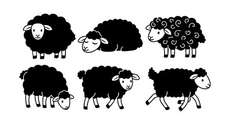 This vector illustration features six black sheep in various poses and expressions, suitable for farm, animal, and nature designs. The style is simple and charming, playful mood.のイラスト素材