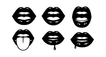 Vector art displaying six black lips with various expressions including tongue out and drooling, rendered in bold black shapes. The design feels playful and edgy.のイラスト素材
