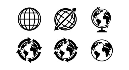 This vector set features six globe icons with arrows symbolizing rotation and global connectivity, emphasizing worldwide interaction and movement. Clean and minimal style, professional and clear.のイラスト素材