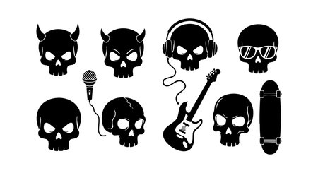 This vector set features black rock music skull icons with various accessories including microphone, guitar, headphones, sunglasses, and skateboard, presenting a bold, edgy style. Dynamic and intense mood.のイラスト素材