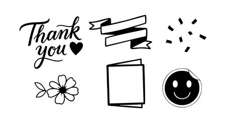 This vector set features hand drawn thank you calligraphy, heart, flower, smiley face, ribbon banner, and confetti elements in black and white, creating a cheerful and playful mood.のイラスト素材