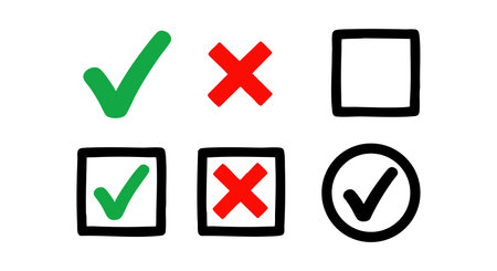 This vector features green check marks and red cross symbols in square and circular frames, ideal...