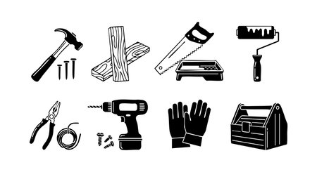 Vector illustration showing a set of construction tools including hammer, nails, saw, paint roller, pliers, drill, gloves, and toolbox used for home repair and woodworking projects. Practical and neat.のイラスト素材