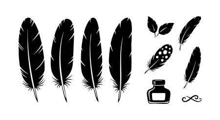 This vector set features black feather silhouettes, an ink bottle, and an infinity symbol, perfect for artistic and creative projects. The design is minimalistic and elegant, inspiring.のイラスト素材
