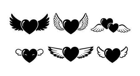 Vector image showing six black winged heart icons with different wing styles representing love and freedom in a flat silhouette design, simple and expressive mood.のイラスト素材