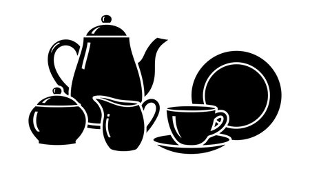 This vector image shows a black silhouette of a tea set including a teapot, cup with saucer, sugar bowl, and creamer. The design is simple and elegant, classic style. Calm and minimalistic.のイラスト素材