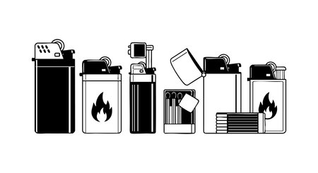 This vector image shows a variety of black and white lighter icons, some with flames and open lids, arranged in a row. The style is simple and clean. Modern mood.のイラスト素材
