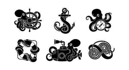 This vector set features black silhouette octopus designs combined with nautical elements such as a steering wheel, anchor, compass, submarine, and seashells, perfect for marine or underwater themes. Creative and abundant.のイラスト素材