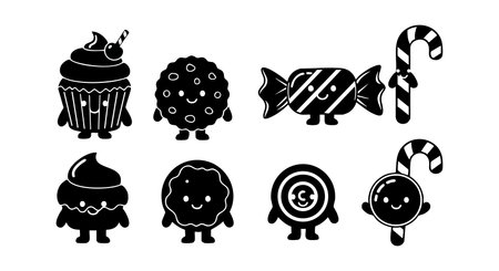 This vector features black silhouette candy and cupcake icons in simple sweet treat designs, perfect for decoration and design projects, presenting a playful and charming mood.のイラスト素材