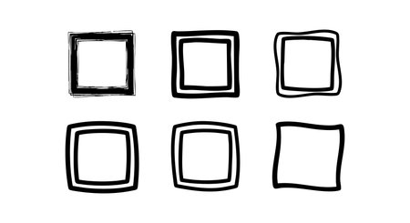This vector image features six abstract black square frames with hand drawn irregular lines in different styles. The design is minimalist and artistic with a creative mood.のイラスト素材