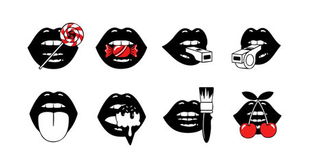 This vector set shows black lips holding various objects like candy, lollipop, camera, and cherries, plus a tongue and paintbrush, rendered in a bold, graphic style for artistic use. Playful mood.のイラスト素材