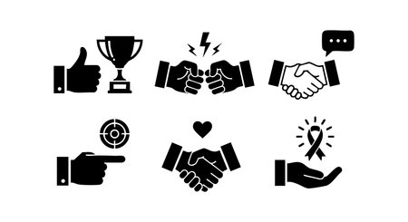 This vector image shows various hand gestures symbolizing agreement, success, support, and communication in simple black silhouette style. The design is clear and professional, positive mood.のイラスト素材