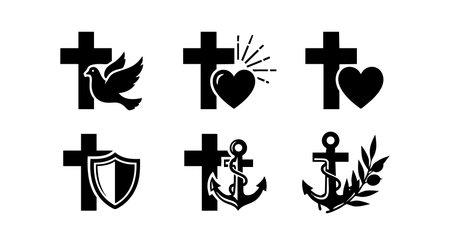 Vector icons feature Christian symbols including crosses combined with heart, dove, anchor, and shield representing faith, hope, love, and protection in a minimalist style. Calm mood.のイラスト素材
