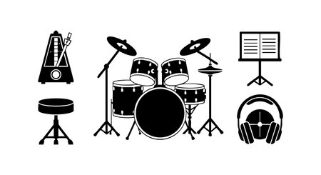 This vector image shows a detailed drum set with cymbals, a metronome, headphones, a music stand, and a drum stool in black silhouette style, creating a rhythmic and musical atmosphere. Energetic.のイラスト素材