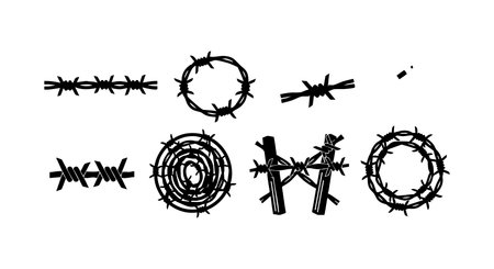 This vector set presents diverse barbed wire designs with sharp edges and loops, illustrating security and protection concepts in a simple black silhouette style. Functional and bold mood.のイラスト素材