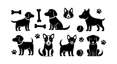 This vector features various dog silhouettes with bones, paws, and balls in black. It presents playful pet themes in a clean, minimal style. The mood is friendly and simple.のイラスト素材