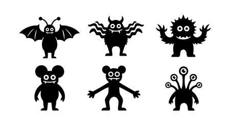 This vector set features six cartoon monster silhouettes with various spooky and fun shapes, ideal for Halloween designs and creative projects with a playful mood.のイラスト素材