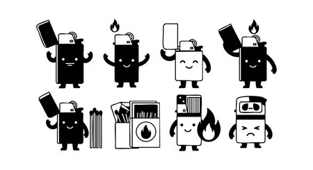 This vector features cute cartoon lighters with expressive faces and fire flames in black and white style, showing playful and happy mood.のイラスト素材