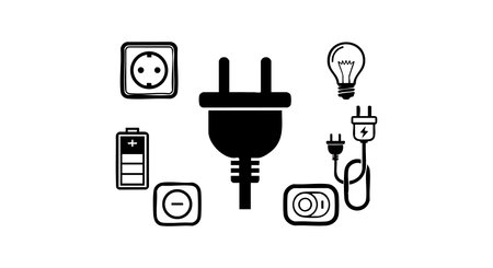 Vector set shows electric power plug, wall sockets, battery, light bulb, and switch icons in black...