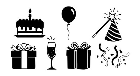 Vector image features birthday cake with candle, balloon, wrapped gifts, champagne glass, party hat, and confetti. Black and white party theme, festive and cheerful mood.のイラスト素材