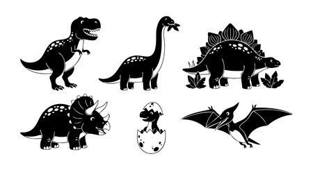 Black dinosaur silhouettes include tyrannosaurus, brachiosaurus, stegosaurus, triceratops, pterodactyl, and an egg hatching. The vector design conveys prehistoric theme with bold contrast, playful mood.のイラスト素材